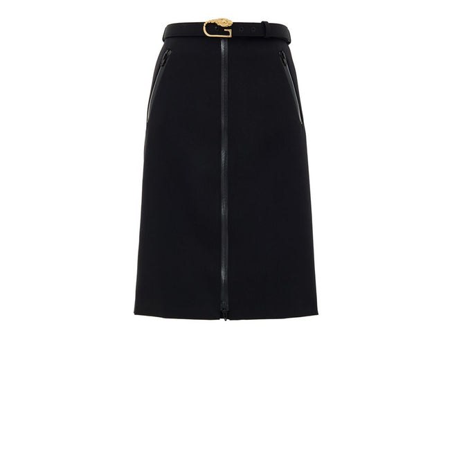 Black Wool Midi SkirtBlack Skirt with Zip and Gucci Belt. Removable fabric belt with gold logo buckle at the waist. Long central zip with latex detail, two pockets on the sides with visible zip. Medium length model, slightly flared, stretch fabric. Compos