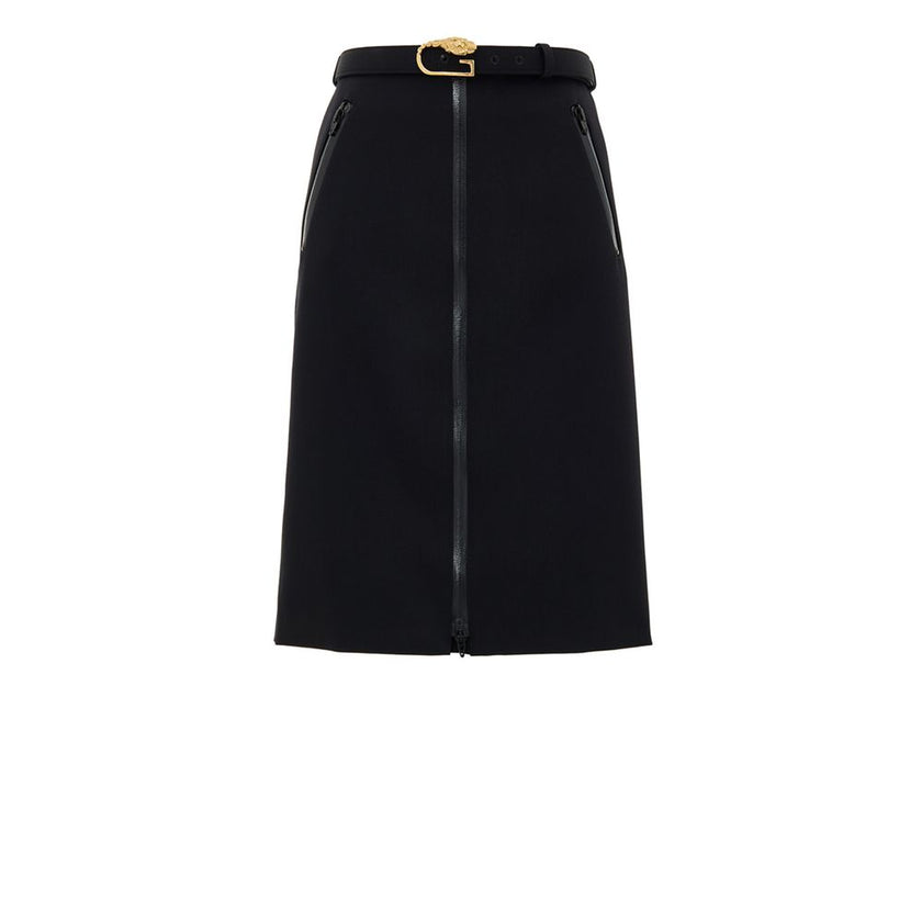 Black Wool Midi SkirtBlack Skirt with Zip and Gucci Belt. Removable fabric belt with gold logo buckle at the waist. Long central zip with latex detail, two pockets on the sides with visible zip. Medium length model, slightly flared, stretch fabric. Compos