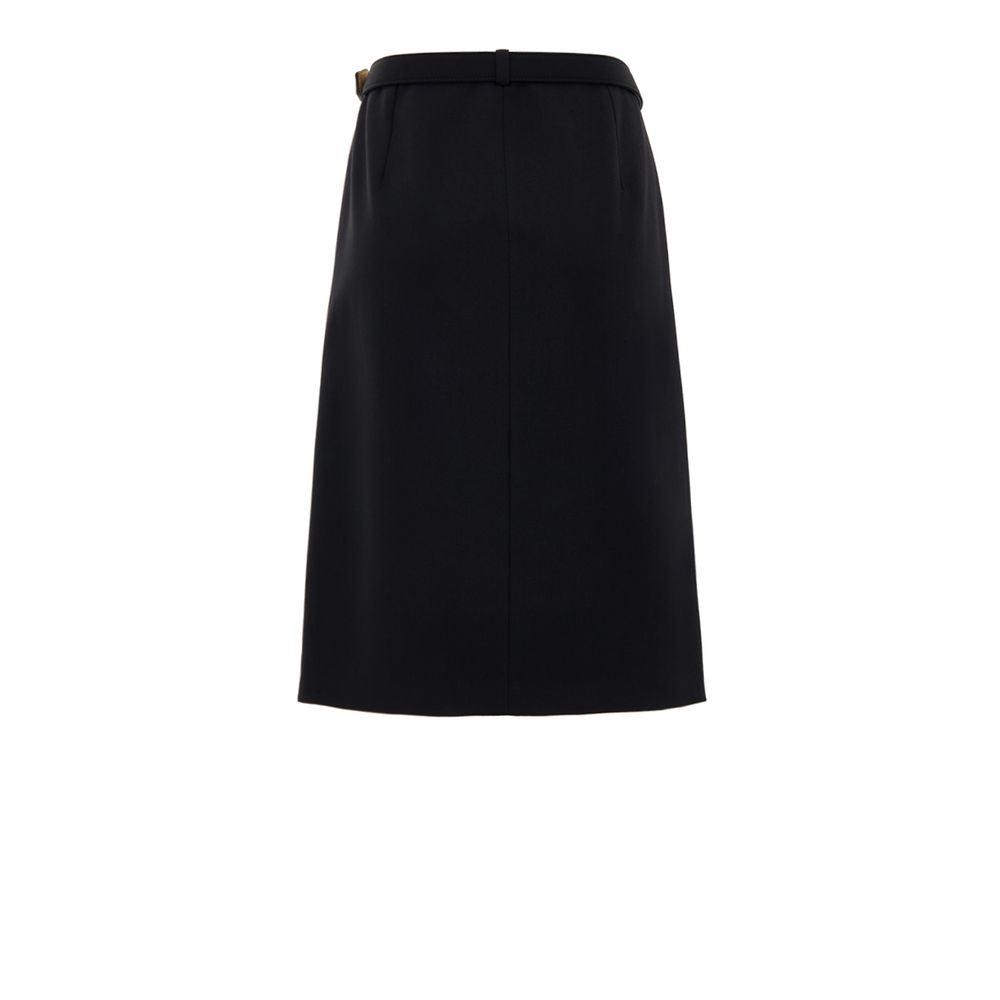 Black Wool Midi SkirtBlack Skirt with Zip and Gucci Belt. Removable fabric belt with gold logo buckle at the waist. Long central zip with latex detail, two pockets on the sides with visible zip. Medium length model, slightly flared, stretch fabric. Compos
