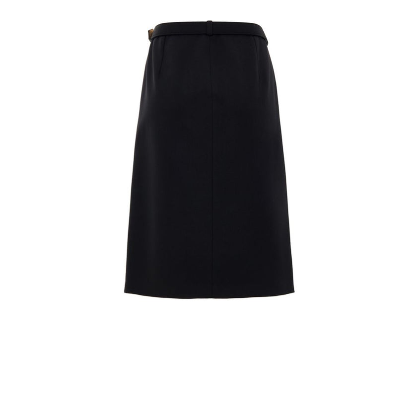 Black Wool Midi SkirtBlack Skirt with Zip and Gucci Belt. Removable fabric belt with gold logo buckle at the waist. Long central zip with latex detail, two pockets on the sides with visible zip. Medium length model, slightly flared, stretch fabric. Compos