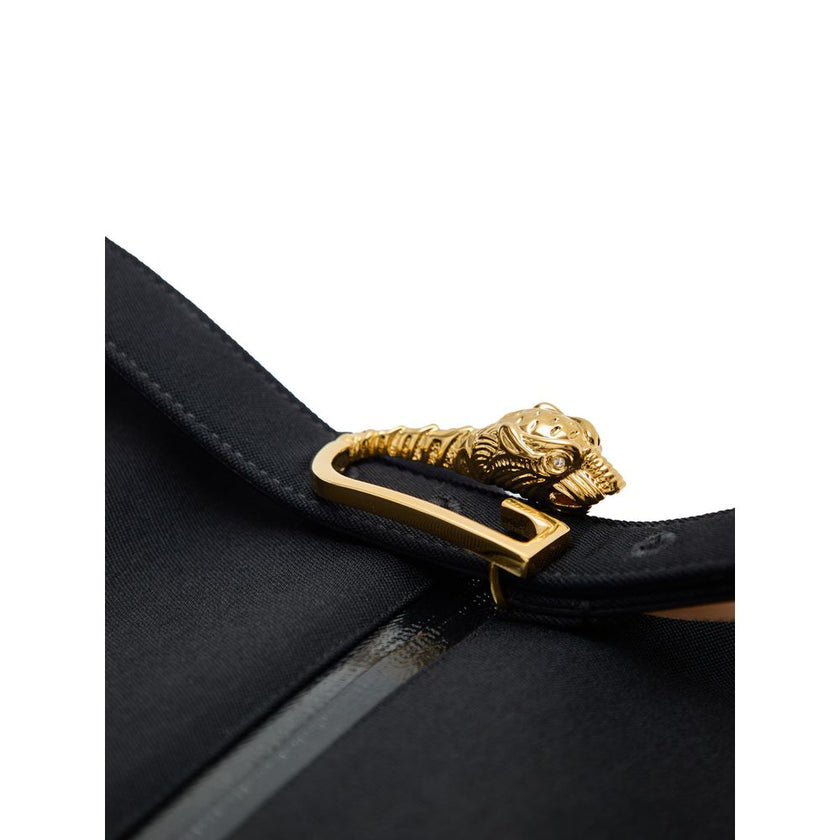 Black Wool Midi SkirtBlack Skirt with Zip and Gucci Belt. Removable fabric belt with gold logo buckle at the waist. Long central zip with latex detail, two pockets on the sides with visible zip. Medium length model, slightly flared, stretch fabric. Compos