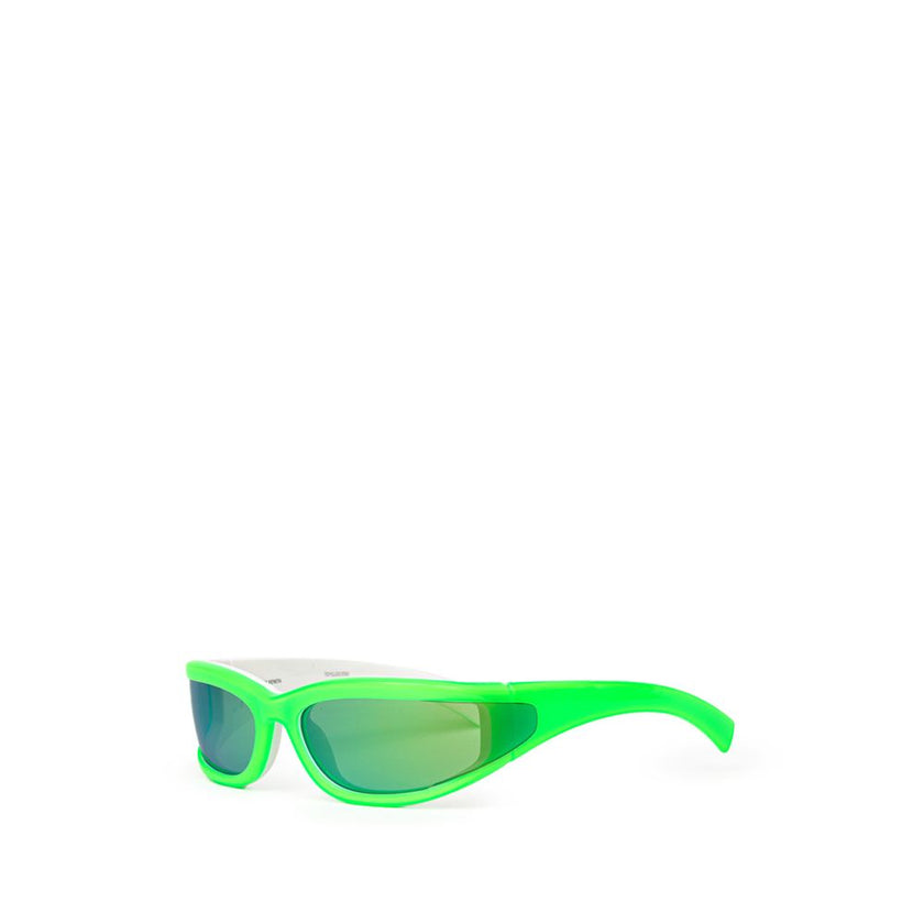 Green Acetate SunglassesAcetate Sunglasses Acid Green and White Bottega Veneta. Elongated sporty frame in two-tone white/acid green, blue mirrored lenses elongated on the sides, logo printed on the temple. Composition: Acetate Internal SKU: 25GIU73 Brand