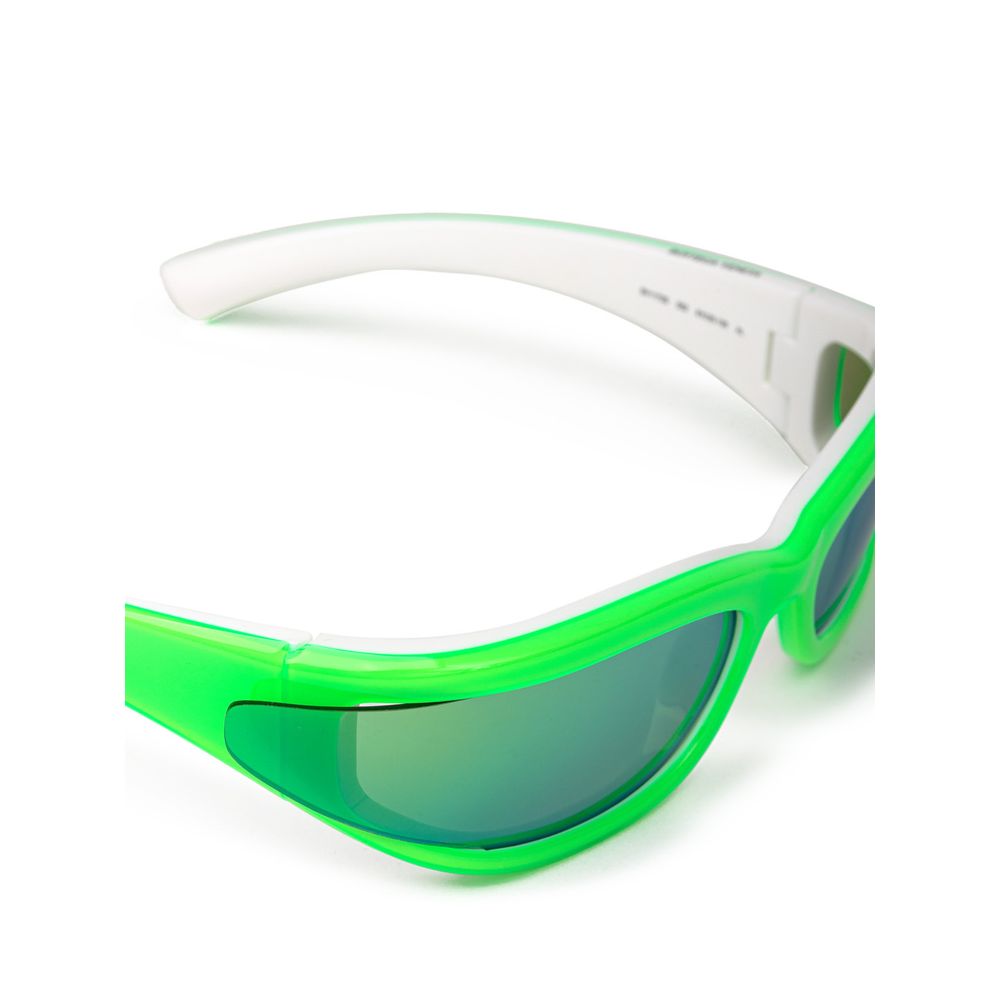 Green Acetate SunglassesAcetate Sunglasses Acid Green and White Bottega Veneta. Elongated sporty frame in two-tone white/acid green, blue mirrored lenses elongated on the sides, logo printed on the temple. Composition: Acetate Internal SKU: 25GIU73 Brand