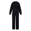 Black Wool JumpsuitBlack Tracksuit Dress with Gucci Belt. Crewneck, wide neckline adjustable with lace, long sleeves closed with button. Removable thin patent leather belt with GG logo at the waist. Wide leg. Composition: 96% Wool, 4% Elastane Internal SK