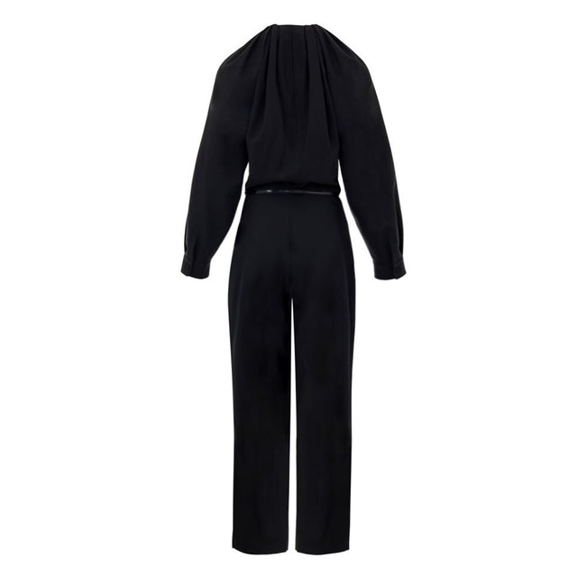 Black Wool JumpsuitBlack Tracksuit Dress with Gucci Belt. Crewneck, wide neckline adjustable with lace, long sleeves closed with button. Removable thin patent leather belt with GG logo at the waist. Wide leg. Composition: 96% Wool, 4% Elastane Internal SK