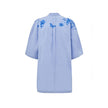 Blue Cotton Pattern ShirtLight Blue Cotton Poplin Kimono Shirt with Gucci Flower Print. Deep V-neckline with bow, iconic metal and leather horsebit applied on the front, two side welt pockets, rounded on the front and squared on the back. Contrasting flow