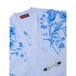 Blue Cotton Pattern ShirtLight Blue Cotton Poplin Kimono Shirt with Gucci Flower Print. Deep V-neckline with bow, iconic metal and leather horsebit applied on the front, two side welt pockets, rounded on the front and squared on the back. Contrasting flow