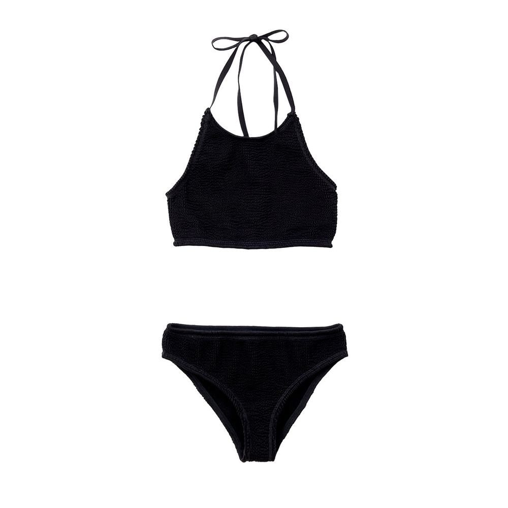 Black Polyamide BikiniTwo Piece Swimsuit in Black Mille Pieghe Bottega Veneta. In jersey with knitwear workmanship Top: Top band with elastic band on the bottom, fastening behind the neck with laces. Bottom: High-waisted culotte briefs, elastic waist. Com