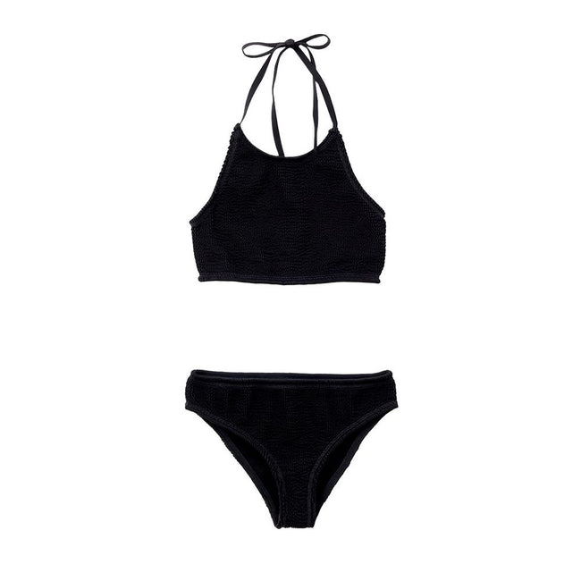Black Polyamide BikiniTwo Piece Swimsuit in Black Mille Pieghe Bottega Veneta. In jersey with knitwear workmanship Top: Top band with elastic band on the bottom, fastening behind the neck with laces. Bottom: High-waisted culotte briefs, elastic waist. Com
