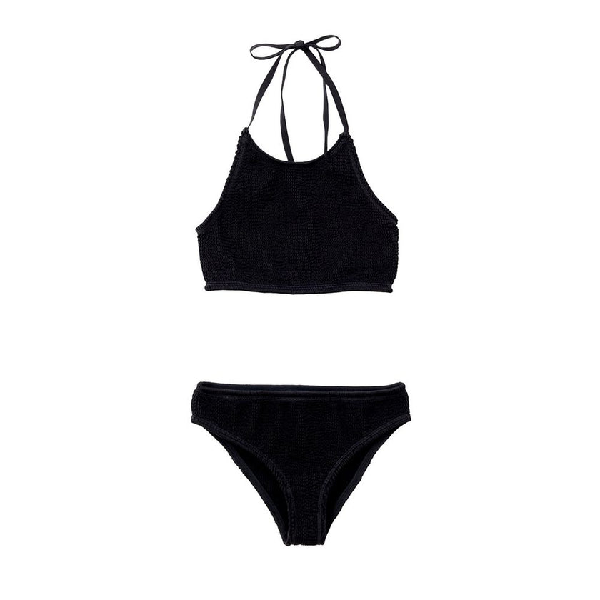 Black Polyamide BikiniTwo Piece Swimsuit in Black Mille Pieghe Bottega Veneta. In jersey with knitwear workmanship Top: Top band with elastic band on the bottom, fastening behind the neck with laces. Bottom: High-waisted culotte briefs, elastic waist. Com