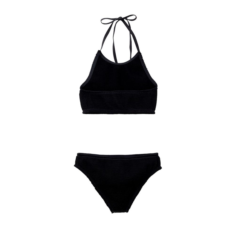 Black Polyamide BikiniTwo Piece Swimsuit in Black Mille Pieghe Bottega Veneta. In jersey with knitwear workmanship Top: Top band with elastic band on the bottom, fastening behind the neck with laces. Bottom: High-waisted culotte briefs, elastic waist. Com