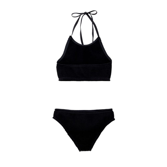 Black Polyamide BikiniTwo Piece Swimsuit in Black Mille Pieghe Bottega Veneta. In jersey with knitwear workmanship Top: Top band with elastic band on the bottom, fastening behind the neck with laces. Bottom: High-waisted culotte briefs, elastic waist. Com
