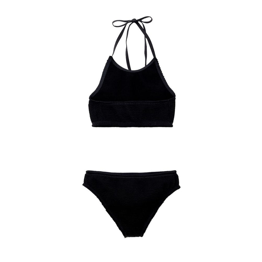 Black Polyamide BikiniTwo Piece Swimsuit in Black Mille Pieghe Bottega Veneta. In jersey with knitwear workmanship Top: Top band with elastic band on the bottom, fastening behind the neck with laces. Bottom: High-waisted culotte briefs, elastic waist. Com