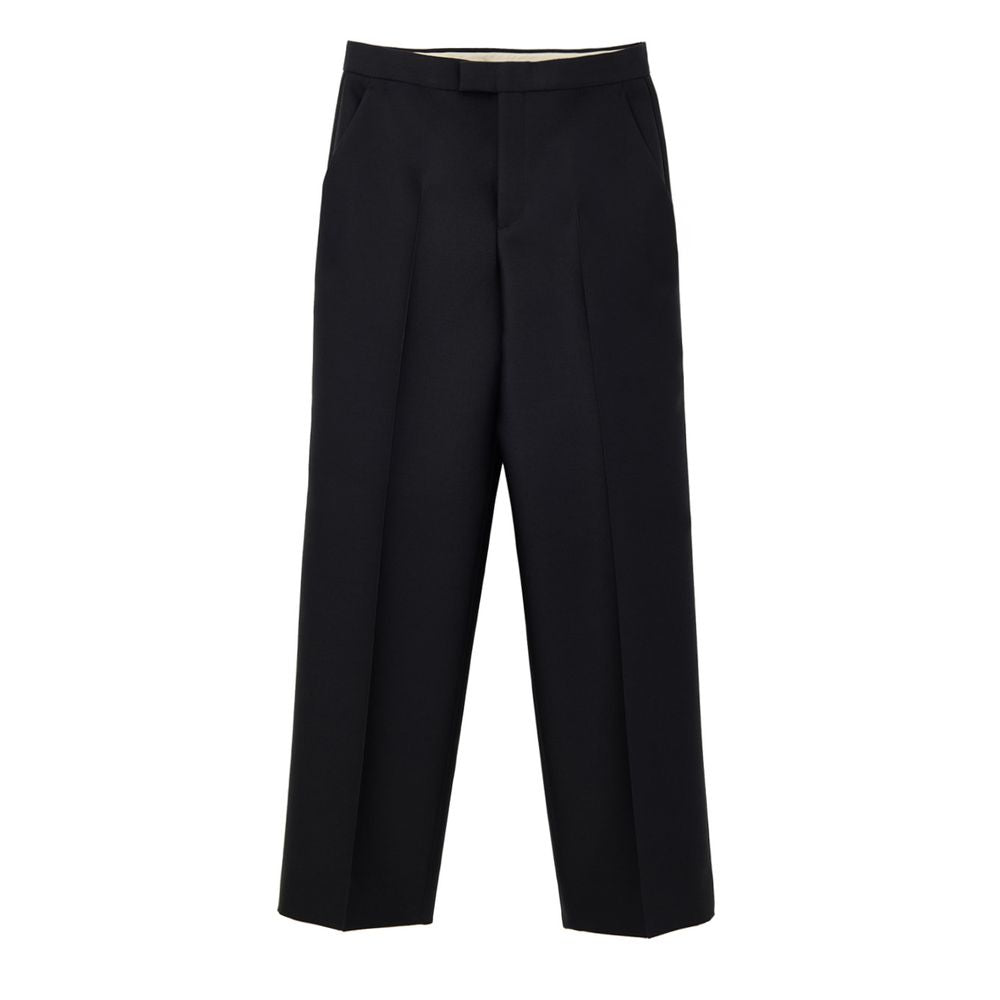 Black Cotton Casual PantsBlack Tailored Trousers in Gucci Technical Fabric. Opening with hook and covered zip, two side welt pockets, two back pockets, straight and wide leg with cropped cut. Composition: 84% Wool, 16% Silk Internal SKU: 25GIU177 Brand SK