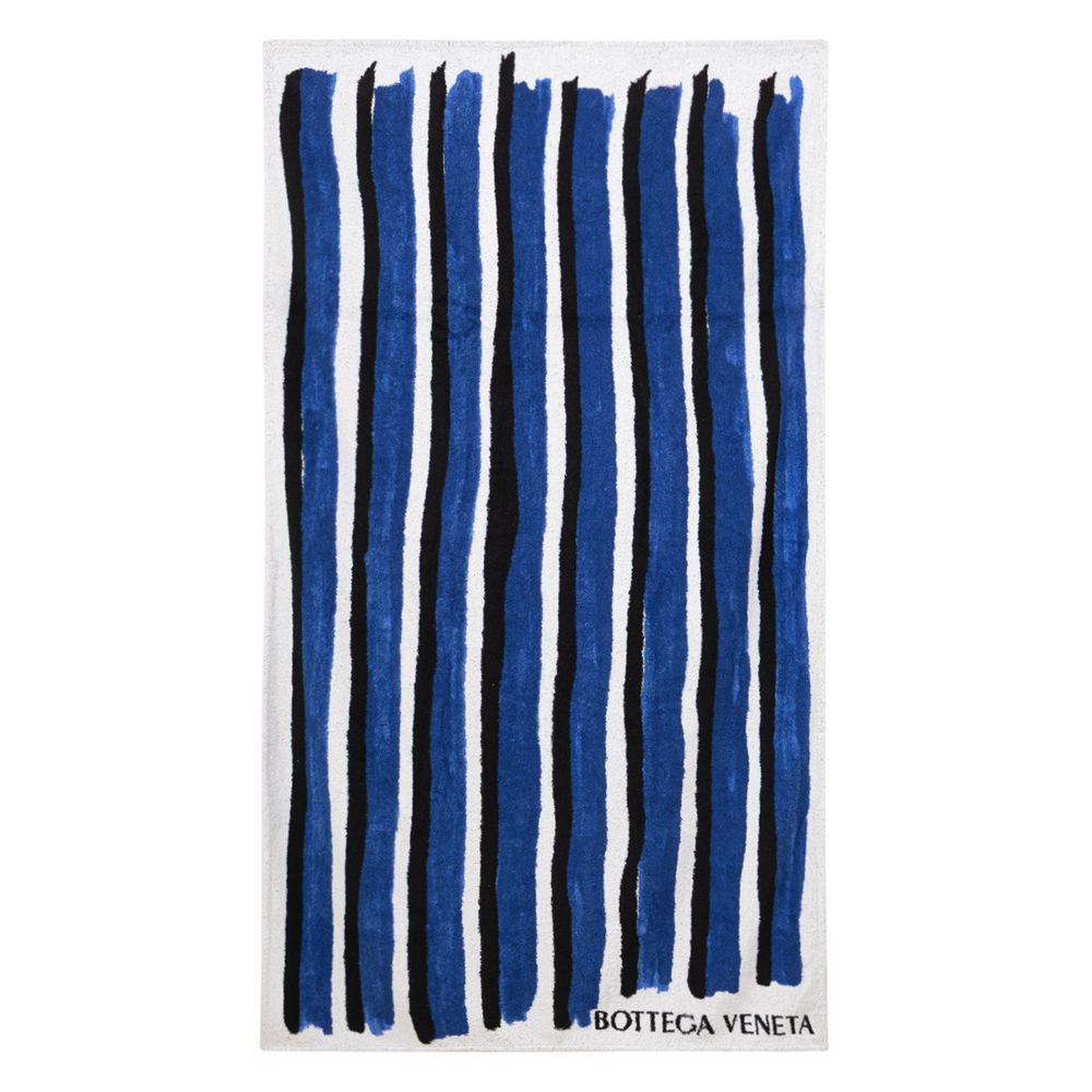 Blue Cotton Beach TowelBottega Veneta Striped Beach Towel. Blue, black and white stripes with contrasting printed logo. Size in cm: 190 x 166 Composition: 100% Cotton Internal SKU: 25GIU104 Brand SKU: 730014V2PQ04055Blue Cotton Beach Towel${tagsBottega Ve