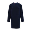 Navy Blue Wool Short DressBlue Bouclé Dress with Gucci Logo Buttons. Mid-length dress, round neckline, long sleeves, two side welt pockets, opening on the shoulder with gold Gucci logo buttons. Straight tube line, internal lining Composition: 84% Wool 16%