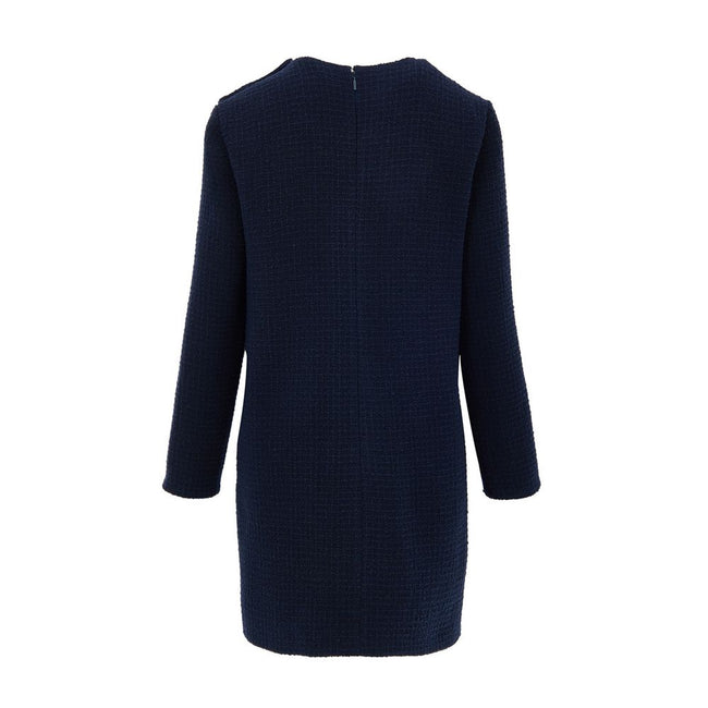 Navy Blue Wool Short DressBlue Bouclé Dress with Gucci Logo Buttons. Mid-length dress, round neckline, long sleeves, two side welt pockets, opening on the shoulder with gold Gucci logo buttons. Straight tube line, internal lining Composition: 84% Wool 16%