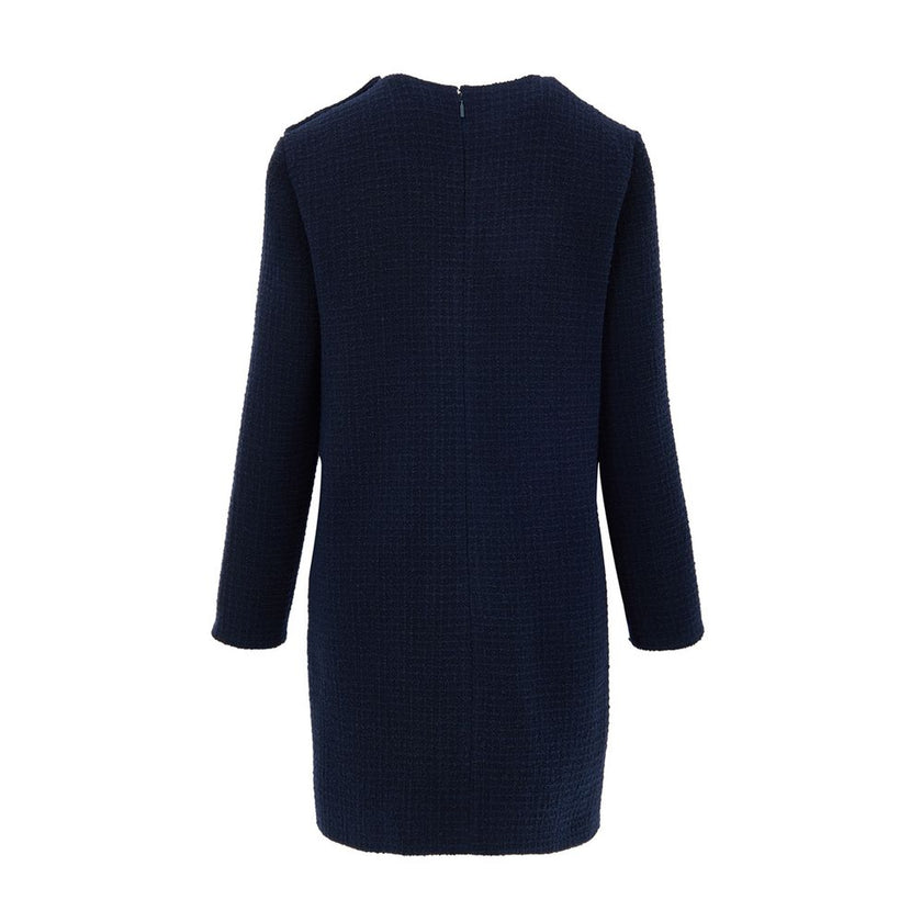 Navy Blue Wool Short DressBlue Bouclé Dress with Gucci Logo Buttons. Mid-length dress, round neckline, long sleeves, two side welt pockets, opening on the shoulder with gold Gucci logo buttons. Straight tube line, internal lining Composition: 84% Wool 16%