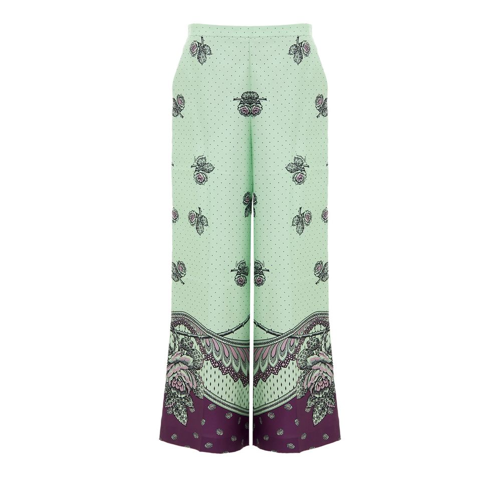 Green Silk Casual PantsGucci Print Silk Palazzo Pants. In aqua green and purple, with contrasting polka dots and flower print. Side zip opening, no button, two side welt pockets, wide leg. Composition: 100% Silk Internal SKU: 25GIU171 Brand SKU: 744909ZAP
