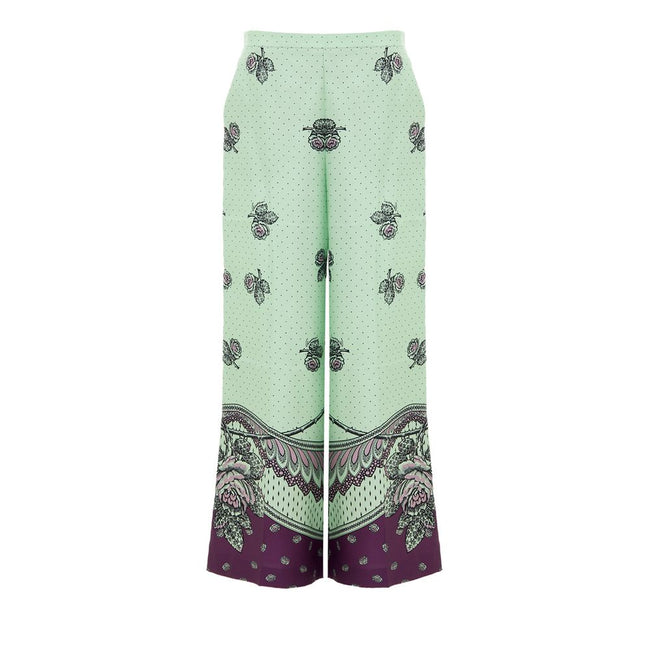 Green Silk Casual PantsGucci Print Silk Palazzo Pants. In aqua green and purple, with contrasting polka dots and flower print. Side zip opening, no button, two side welt pockets, wide leg. Composition: 100% Silk Internal SKU: 25GIU171 Brand SKU: 744909ZAP