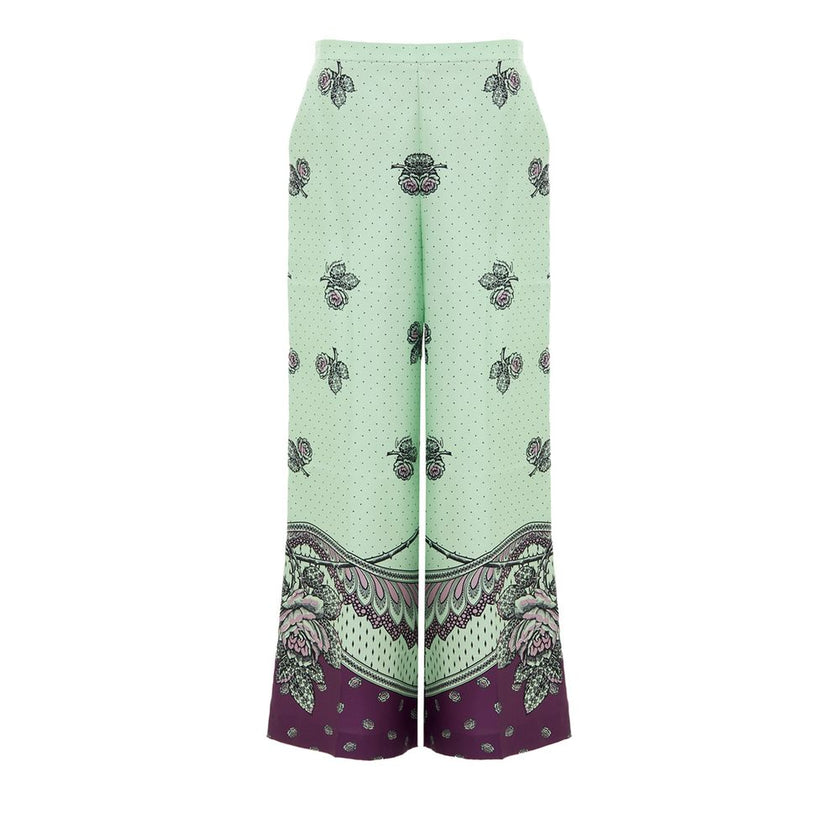 Green Silk Casual PantsGucci Print Silk Palazzo Pants. In aqua green and purple, with contrasting polka dots and flower print. Side zip opening, no button, two side welt pockets, wide leg. Composition: 100% Silk Internal SKU: 25GIU171 Brand SKU: 744909ZAP