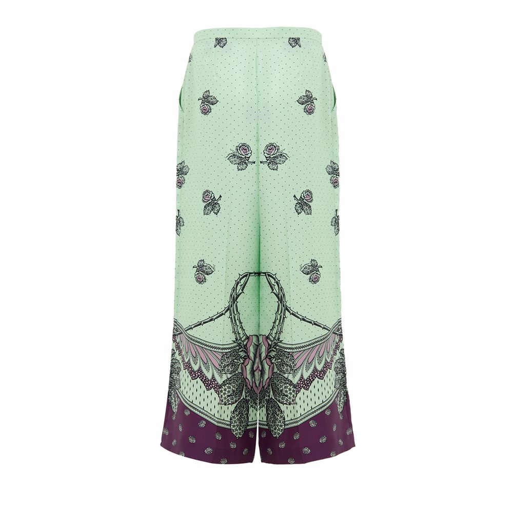 Green Silk Casual PantsGucci Print Silk Palazzo Pants. In aqua green and purple, with contrasting polka dots and flower print. Side zip opening, no button, two side welt pockets, wide leg. Composition: 100% Silk Internal SKU: 25GIU171 Brand SKU: 744909ZAP