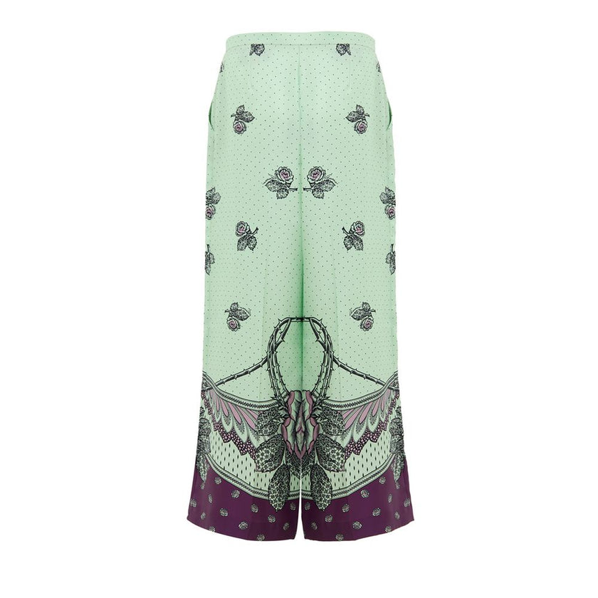 Green Silk Casual PantsGucci Print Silk Palazzo Pants. In aqua green and purple, with contrasting polka dots and flower print. Side zip opening, no button, two side welt pockets, wide leg. Composition: 100% Silk Internal SKU: 25GIU171 Brand SKU: 744909ZAP