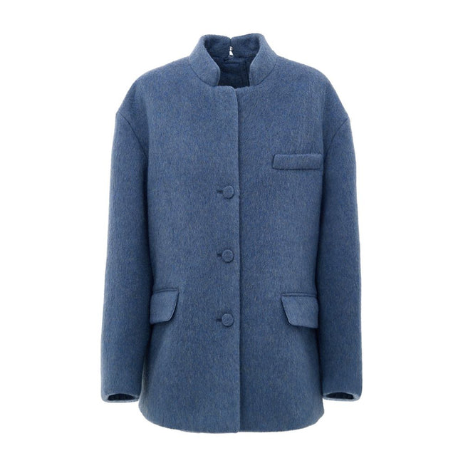 Light Blue Wool CoatGucci Light Blue Wool Caban Jacket. Semi-Korean collar, front button fastening, two flap pockets on the sides and a breast pocket. On the back, covered button detail and Gucci logo metal button. Inner lining, regular fit. Composition: