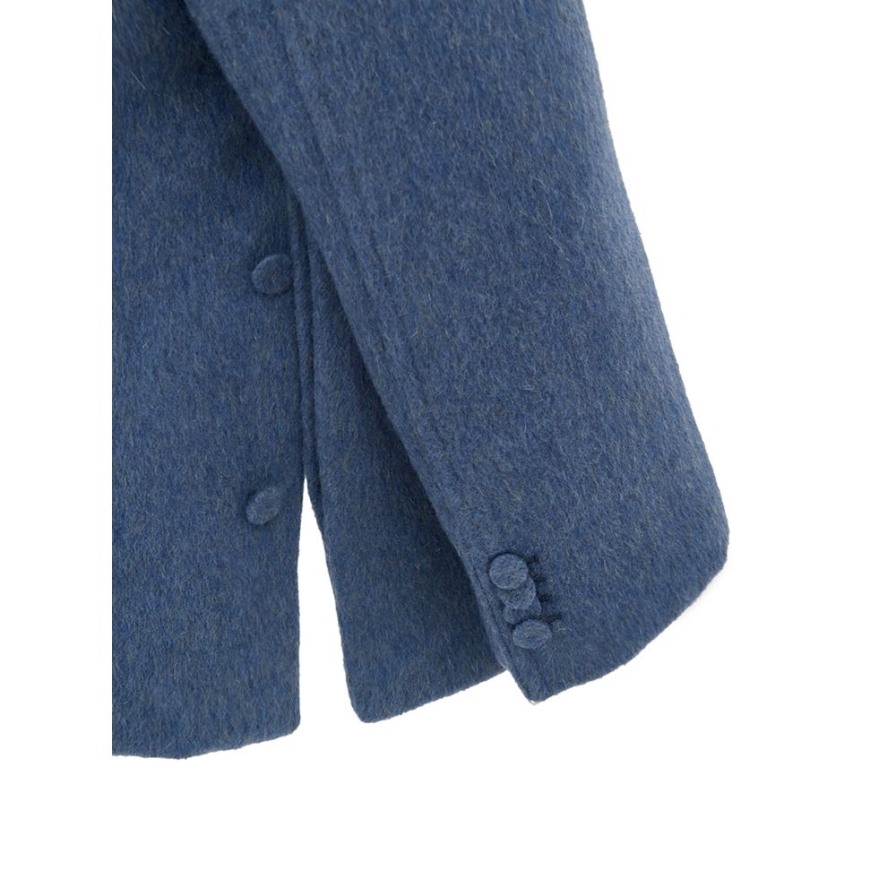 Light Blue Wool CoatGucci Light Blue Wool Caban Jacket. Semi-Korean collar, front button fastening, two flap pockets on the sides and a breast pocket. On the back, covered button detail and Gucci logo metal button. Inner lining, regular fit. Composition: