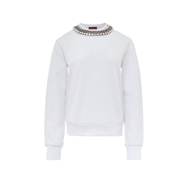 White Cotton SweatshirtWhite Sweatshirt with Jewel Neck Gucci. Round neckline, long sleeves, opening on the shoulder with hidden zip. Jewel neck detail with crystals applied as a necklace Composition: 100% Cotton Internal SKU: 25GIU208 Brand SKU: 791337XJ