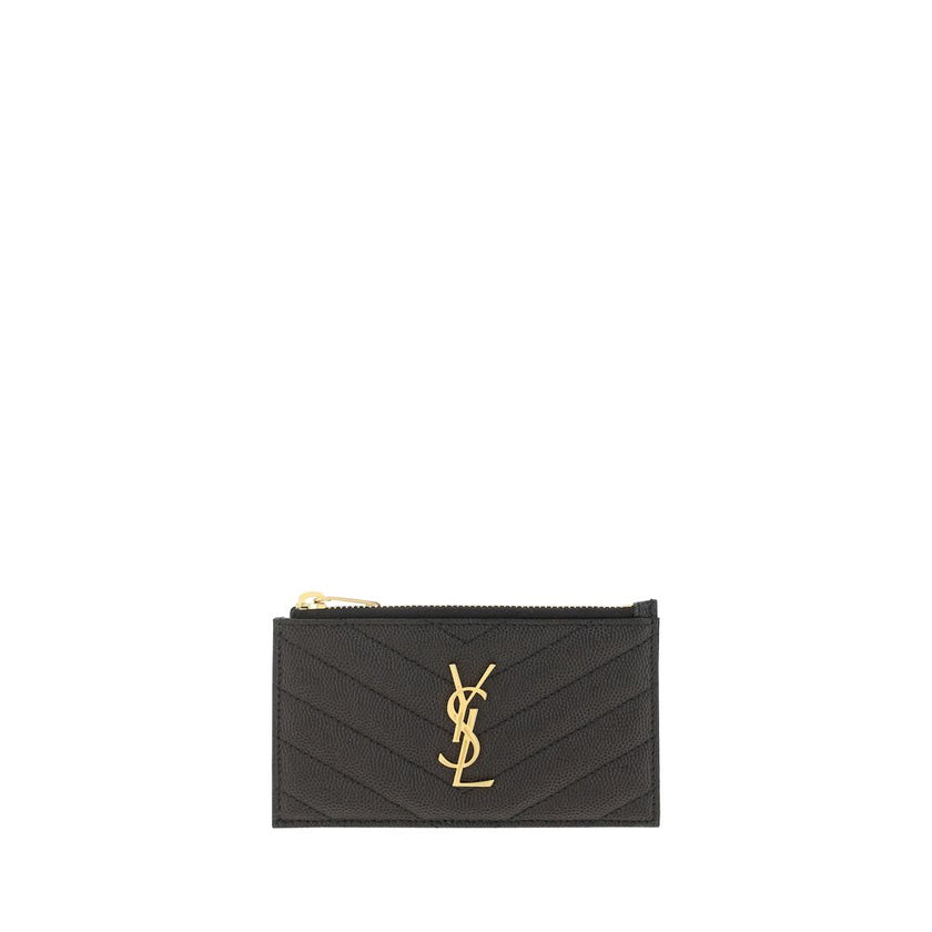 Card HolderCalfskin Card Holder by Saint Laurent, zipper closure on top, contrasting iconic YSL logo plaque on front, card slot on back. Season: AW25 Dimension: 13×13 Composition: GENERAL 100% Calf Leather Bos Taurus MADE IN ITALYCard Holder${tagsSaint La
