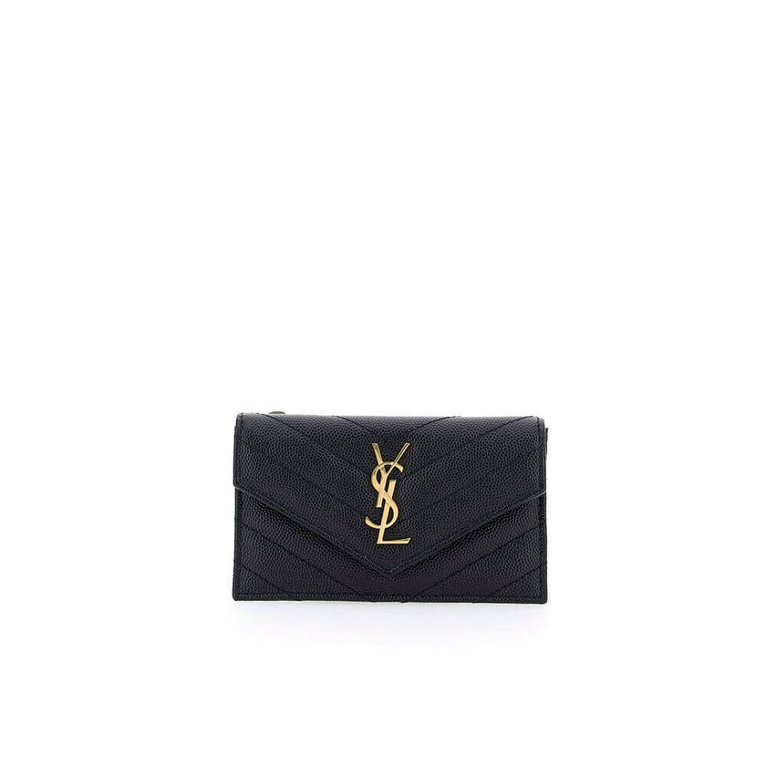 Black Calf Leather Bos Taurus WalletLeather Card Holder by Saint Laurent is a compact and sophisticated accessory designed for those seeking style and functionality in one. The front snap-button closure provides practicality and security, while the embroi