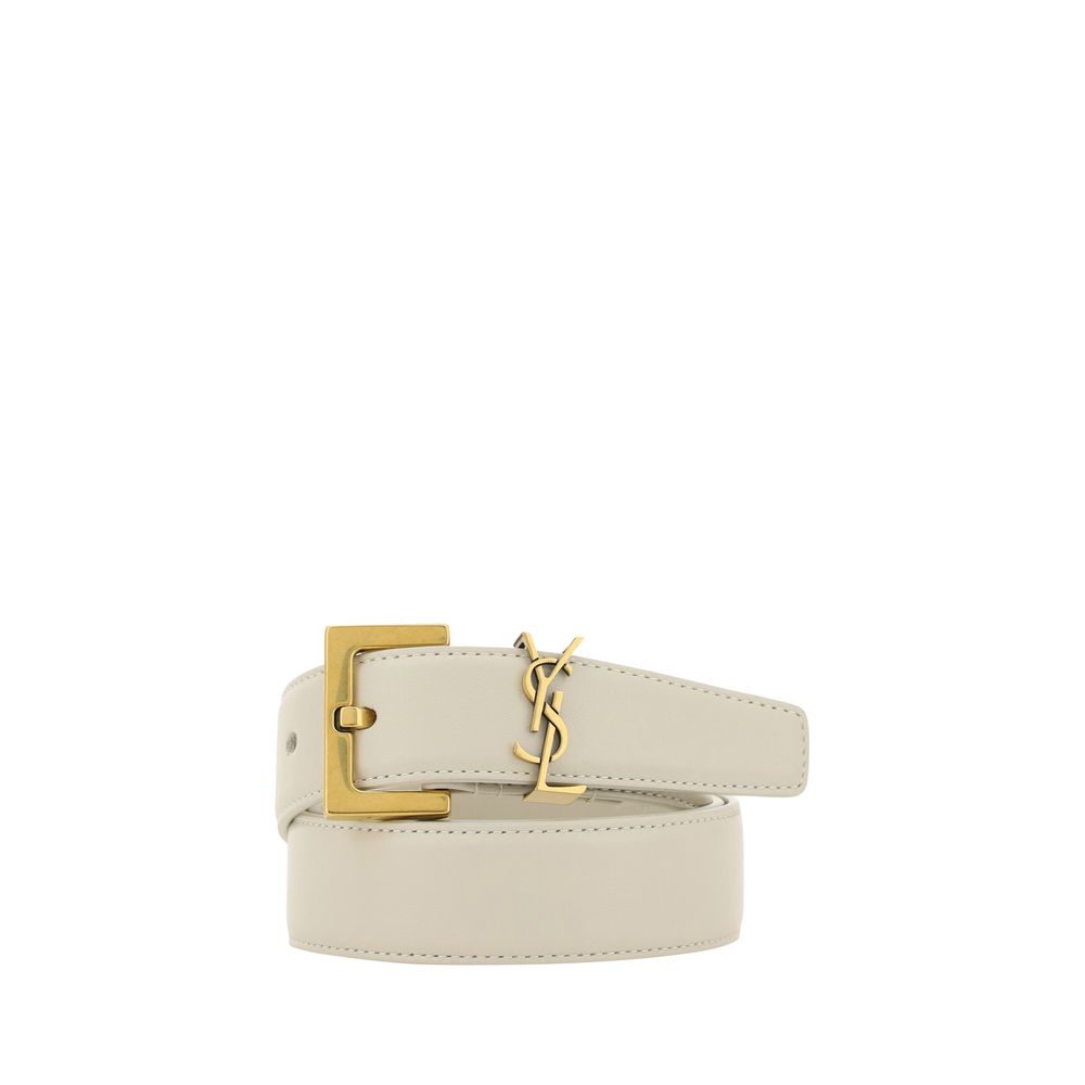 White Calf Leather Bos Taurus Regular BeltThe Saint Laurent leather Belt is a sophisticated accessory with an essential and refined design. Made of smooth leather, it features a front plaque with the brand’s iconic brass-plated logo, adding a touch of cha