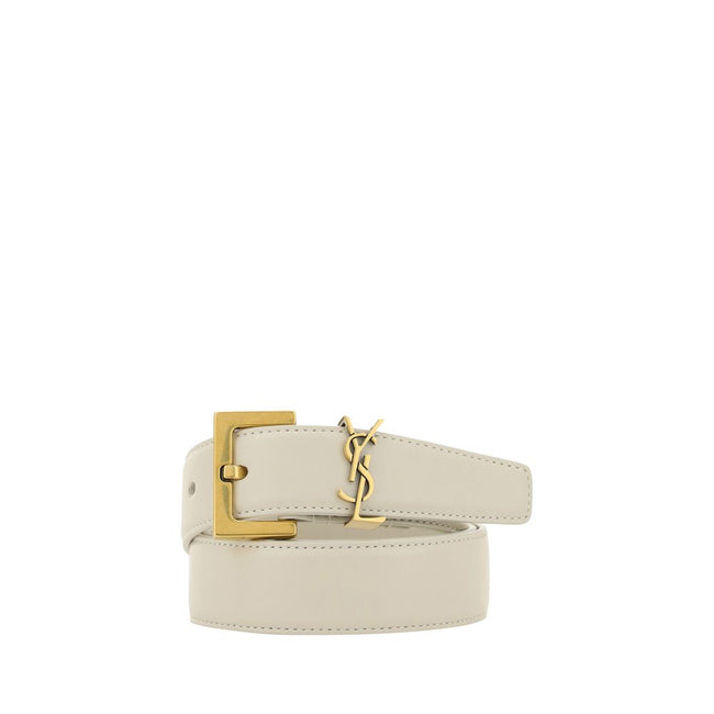 White Calf Leather Bos Taurus Regular BeltThe Saint Laurent leather Belt is a sophisticated accessory with an essential and refined design. Made of smooth leather, it features a front plaque with the brand’s iconic brass-plated logo, adding a touch of cha