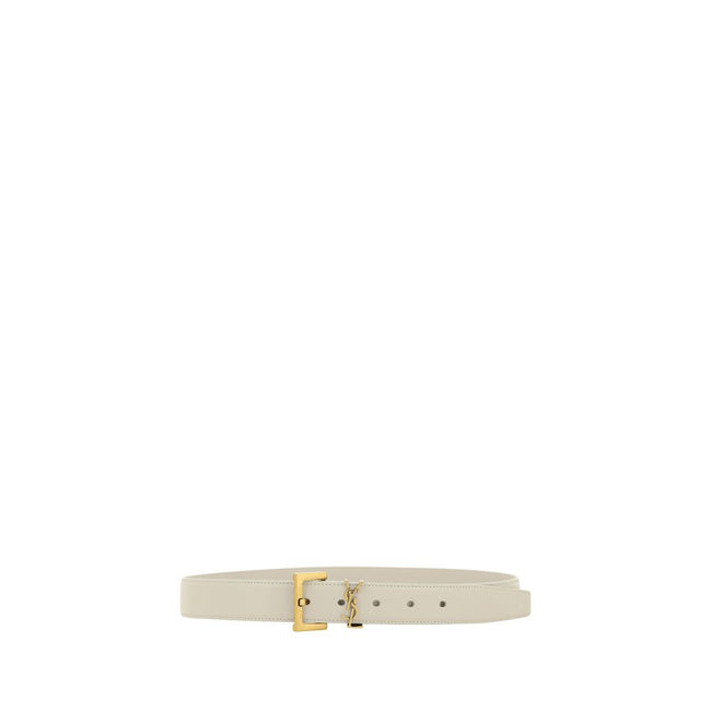 White Calf Leather Bos Taurus Regular BeltThe Saint Laurent leather Belt is a sophisticated accessory with an essential and refined design. Made of smooth leather, it features a front plaque with the brand’s iconic brass-plated logo, adding a touch of cha