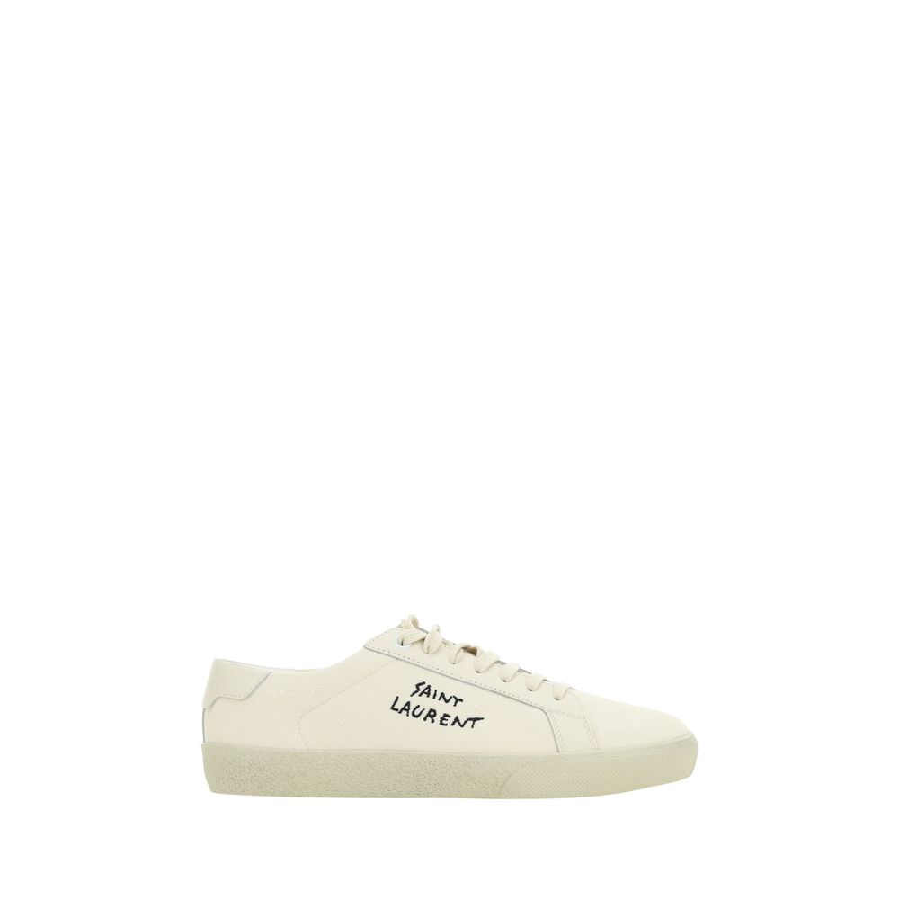 White Rubber Low Top SneakersCotton Sneakers by Saint Laurent, round toe, lace-up front closure, crater-effect flat sole, iconic brand signature embroidered in contrast on outer side panel. Season: AW25 Composition: SOLE 100% Rubber UPPER 100% Cotton MADE