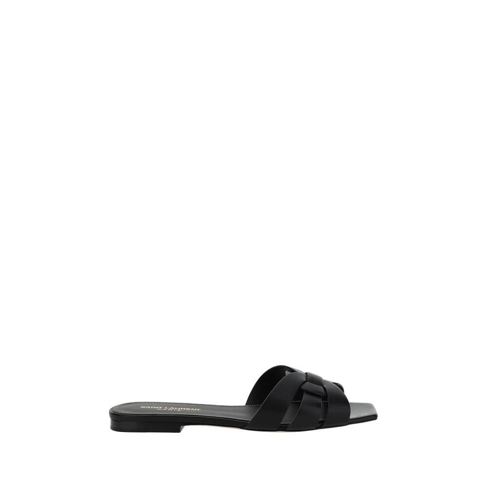 Black Calf Leather Bos Taurus Flat SandalsCalfskin Sandals by Saint Laurent, open square toe, braided design at front, press-studded logo insole, slight leather block heel. Season: AW25 Composition: UPPER 100% Calf Leather Bos Taurus SOLE 100% Calf Leathe