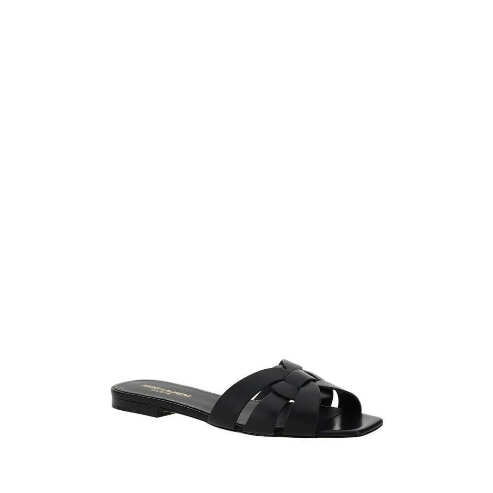 Black Calf Leather Bos Taurus Flat SandalsCalfskin Sandals by Saint Laurent, open square toe, braided design at front, press-studded logo insole, slight leather block heel. Season: AW25 Composition: UPPER 100% Calf Leather Bos Taurus SOLE 100% Calf Leathe