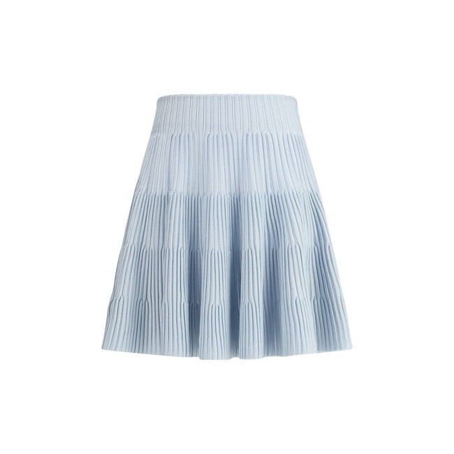 Light Blue Viscose Mini SkirtBalmain’s knit Miniskirt is distinguished by the embossed workmanship that gives structure and character to the garment. Equipped with a reinforced belt, it features a back closure with an exposed gold-metal zipper, embellishe