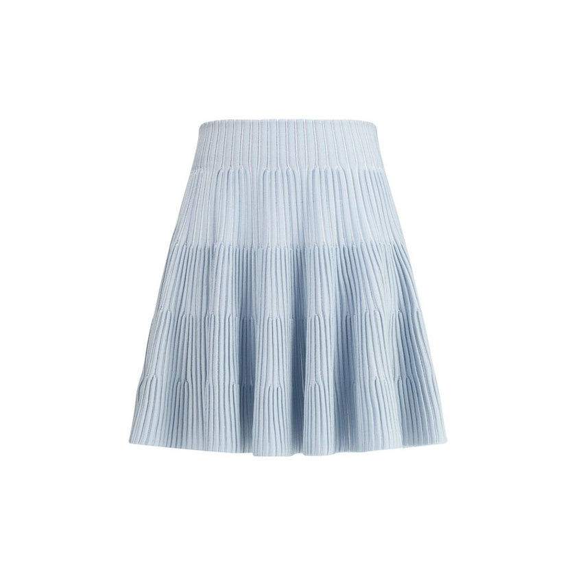 Light Blue Viscose Mini SkirtBalmain’s knit Miniskirt is distinguished by the embossed workmanship that gives structure and character to the garment. Equipped with a reinforced belt, it features a back closure with an exposed gold-metal zipper, embellishe