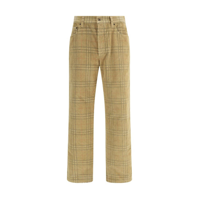 Brown Cotton Casual PantsBurberry cotton Pants with a velvet ribbed design, embellished with the iconic Archivio Check motif. Five-pocket model, front button fastening and belt loops at the waist. The garment is completed by a logo leather patch applied o