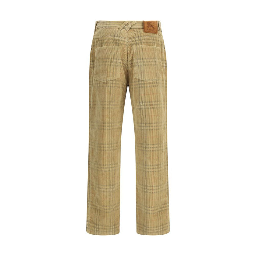 Brown Cotton Casual PantsBurberry cotton Pants with a velvet ribbed design, embellished with the iconic Archivio Check motif. Five-pocket model, front button fastening and belt loops at the waist. The garment is completed by a logo leather patch applied o
