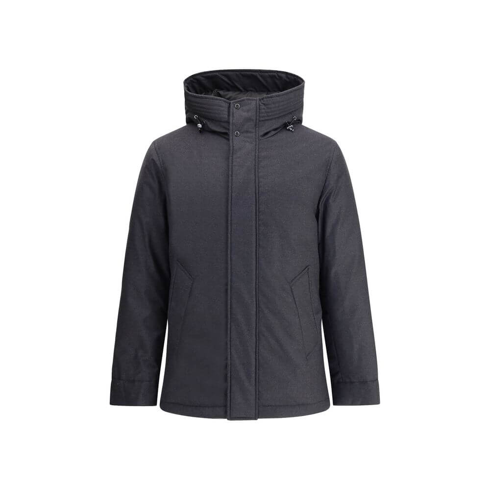 Black Fleece Wool ParkaWoolrich virgin wool Down parka Jacket with high collar and adjustable drawstring hood, ideal for facing the coldest days in style. The front closure is finished with a flap and buttons, while two side welt pockets add functionality