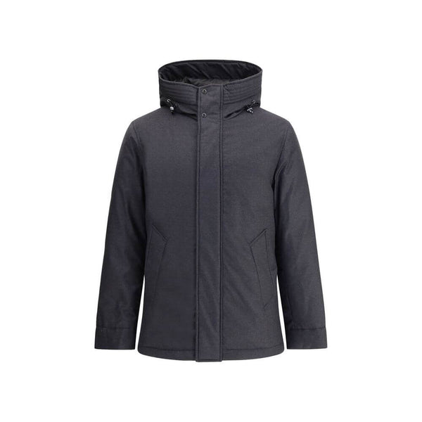 Black Fleece Wool ParkaWoolrich virgin wool Down parka Jacket with high collar and adjustable drawstring hood, ideal for facing the coldest days in style. The front closure is finished with a flap and buttons, while two side welt pockets add functionality