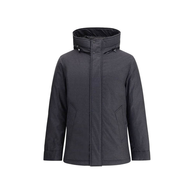 Black Fleece Wool ParkaWoolrich virgin wool Down parka Jacket with high collar and adjustable drawstring hood, ideal for facing the coldest days in style. The front closure is finished with a flap and buttons, while two side welt pockets add functionality