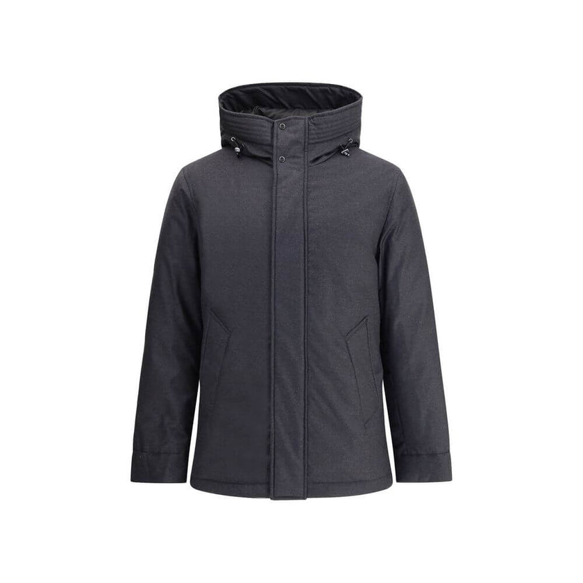 Black Fleece Wool ParkaWoolrich virgin wool Down parka Jacket with high collar and adjustable drawstring hood, ideal for facing the coldest days in style. The front closure is finished with a flap and buttons, while two side welt pockets add functionality
