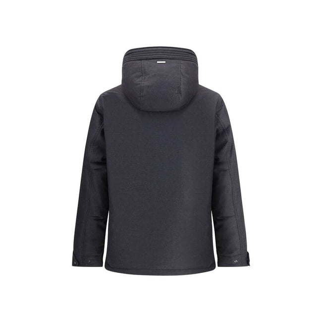 Black Fleece Wool ParkaWoolrich virgin wool Down parka Jacket with high collar and adjustable drawstring hood, ideal for facing the coldest days in style. The front closure is finished with a flap and buttons, while two side welt pockets add functionality