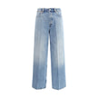 Light Blue Cotton Jeans DenimGucci’s wide leg Jeans feature a faded effect and light wash that give a vintage yet modern allure. With a high waist and belt loops, they offer a comfortable and defined fit. The button and zipper closure ensures practicality