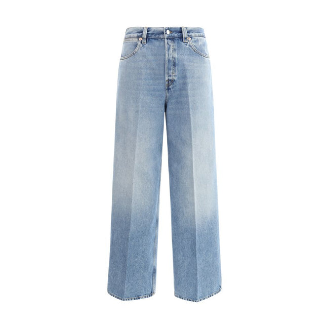 Light Blue Cotton Jeans DenimGucci’s wide leg Jeans feature a faded effect and light wash that give a vintage yet modern allure. With a high waist and belt loops, they offer a comfortable and defined fit. The button and zipper closure ensures practicality