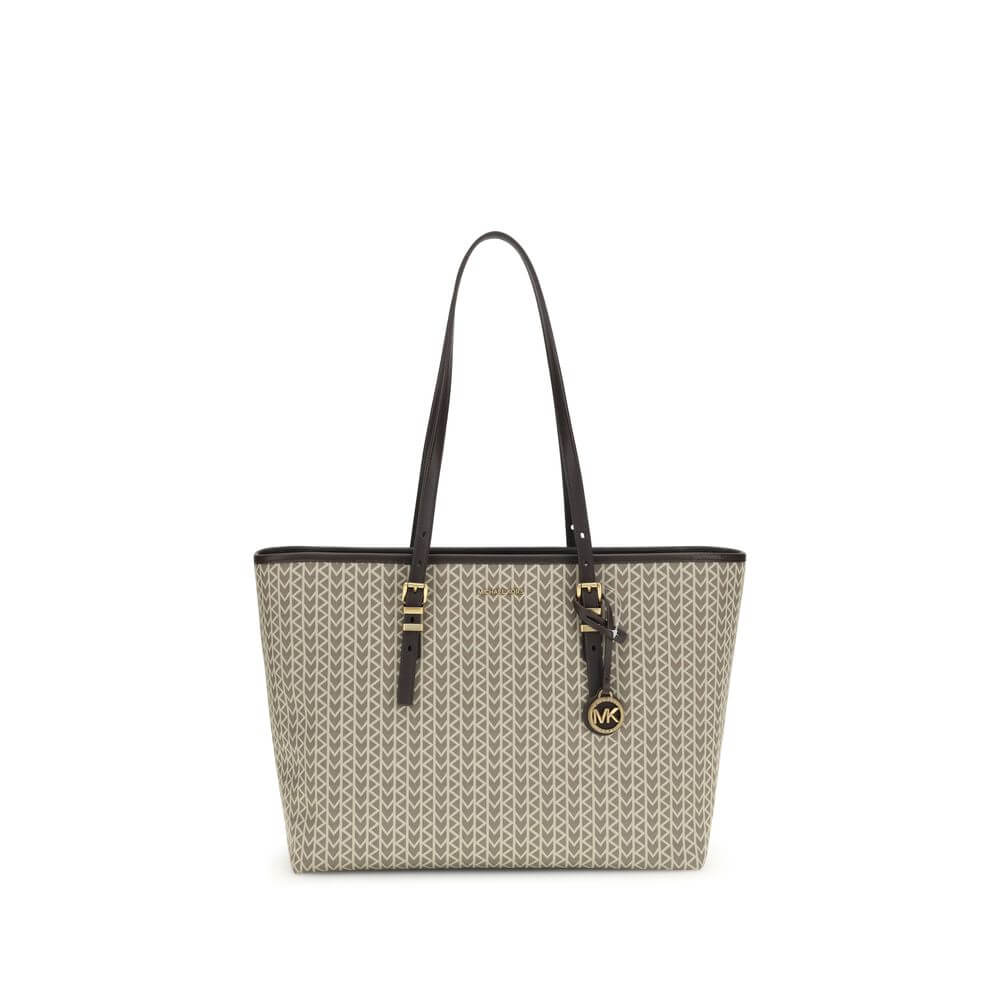 Beige Polyester Shoulder BagThe Quinn large jacquard logo Tote Bag by Michael Kors combines style and functionality in a versatile design. Featuring wide adjustable leather shoulder straps, it offers a spacious interior ideal for elegantly tackling every